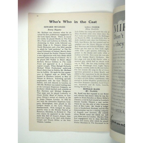 Playbill My Fair Lady Hellinger Theatre October 1959 Lola Fisher Mulhare - Picture 6 of 7